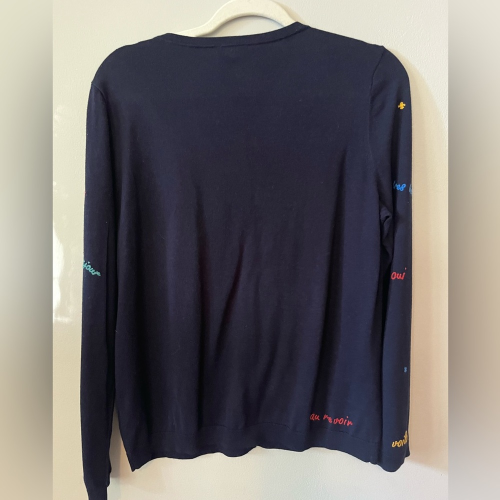 Talbots navy blue French word button down cardigan sweater size petite large - Picture 5 of 6